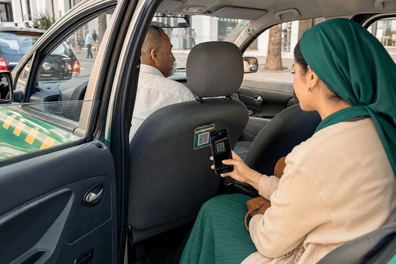 زبون يمسح رمز QR للدفع من المقعد الخلفي لسيارة أجرة